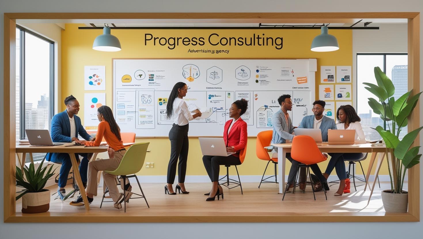 Zespół Progress Consulting w jasnym biurze, omawia strategię na tle tablicy z diagramami. Różnorodne osoby pracują z laptopami, tworząc dynamiczną atmosferę.