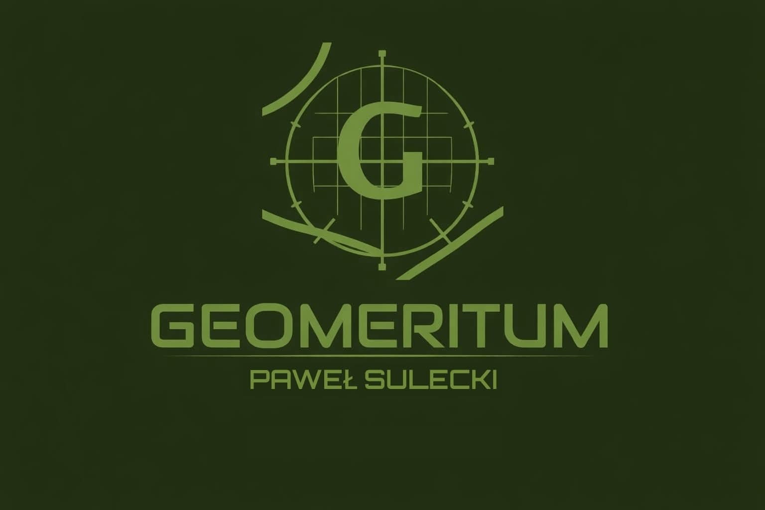 Logo firmy Geomeritum Pawła Suleckiego w odcieniach zieleni. Symbol celownika geodezyjnego z literą G w centrum, nazwa firmy i imię i nazwisko poniżej.