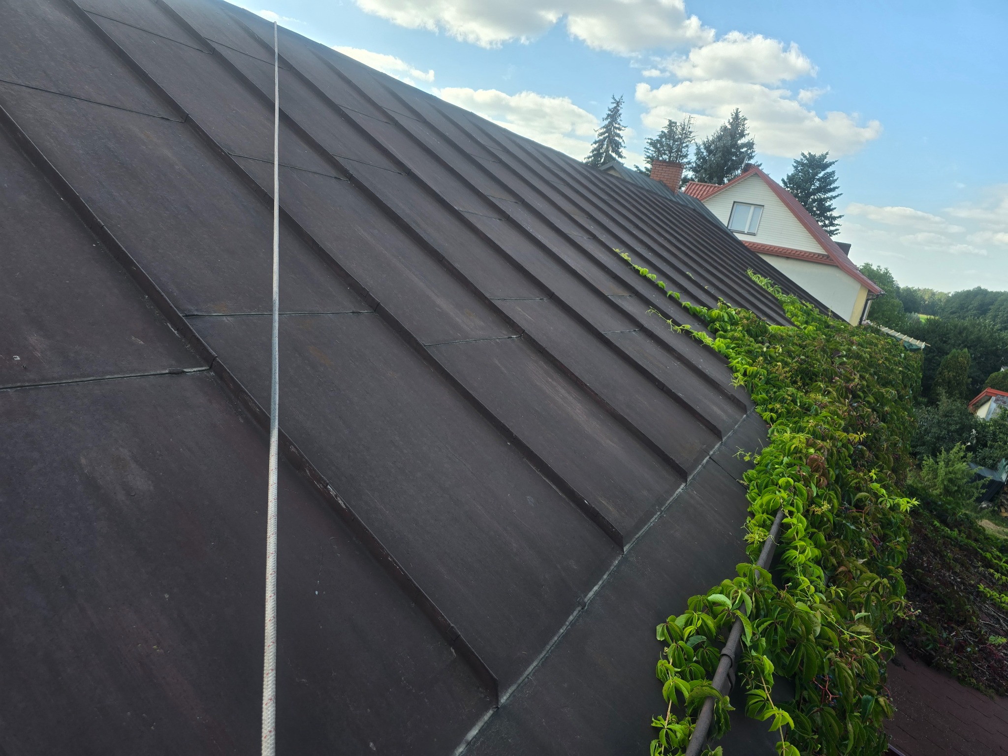 Ciemny, metalowy dach z widoczną liną i pnącą roślinnością. W tle dom z czerwonym dachem i błękitne niebo z chmurami. Ujęcie z dołu, podkreślające strukturę dachu.