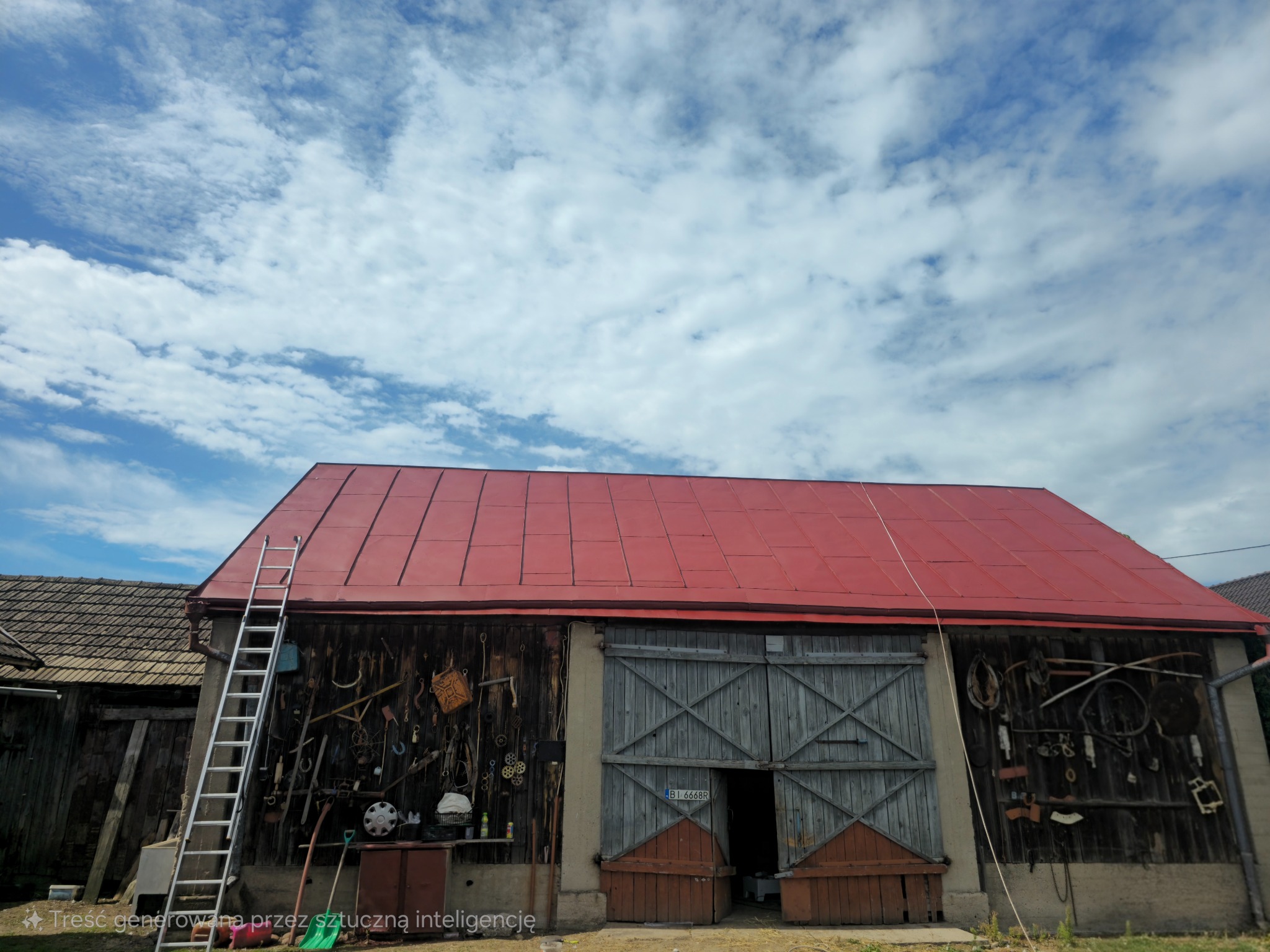 Czerwony dach stodoły pod błękitnym niebem z chmurami. Metalowa drabina oparta o ścianę. Na ścianie narzędzia i sprzęty. Otwarta brama z szarego drewna.