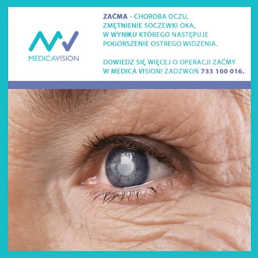 Oko z zaćmą, z widocznym zmętnieniem soczewki, na tle reklamy Medica Vision informującej o operacji zaćmy i pogorszeniu widzenia.