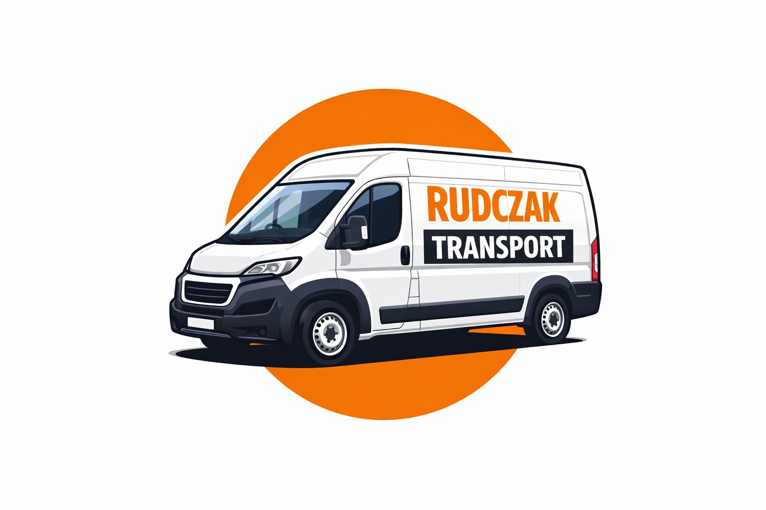 Ilustracja białego furgonetki z napisem 'RUDCZAK TRANSPORT' na tle pomarańczowego koła. Grafika wektorowa, czyste linie, nowoczesny design.