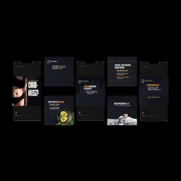 Zuzanna Emilia - Karuzela postów na Instagramie w ciemnej tonacji, prezentująca porady dla trenera personalnego: dieta, sen, trening, suplementacja, monitoring. Układ graficzny na ekranach smartfonów.