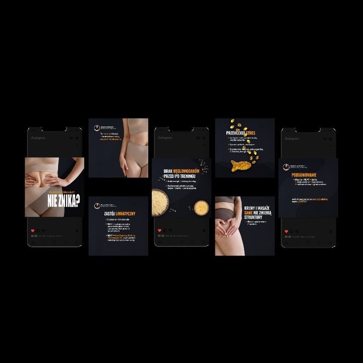 Karuzela na Instagram dla trenera personalnego: seria postów w ramkach smartfonów z poradami o odżywianiu, treningu i pielęgnacji ciała. Ciemne tło, jasne teksty.