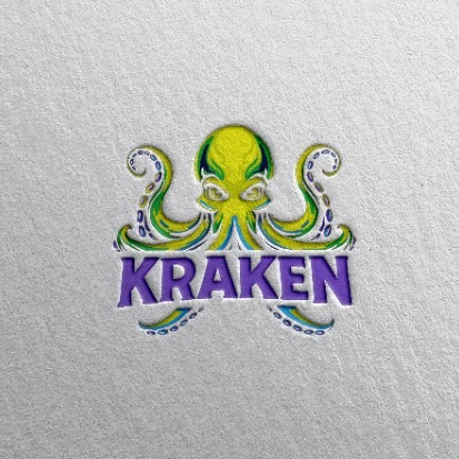 Żółto-zielony ośmiornicowy motyw graficzny z fioletowym napisem 'KRAKEN' na teksturowanym, jasnoszarym tle. Minimalistyczny design z subtelnym cieniowaniem.