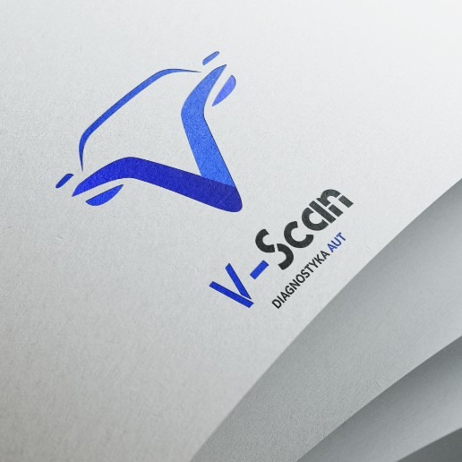 Logo firmy V-Scan Diagnostyka AUT z abstrakcyjnym symbolem w odcieniach niebieskiego i czarnym napisem na teksturowanym, białym tle, ujęte pod kątem.