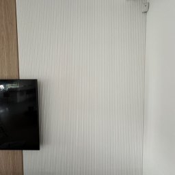 Wiktor Ryczkowski - Biała, pionowo żłobkowana sztukateria ścienna, częściowo zakryta przez drewnianą okładzinę i telewizor. Widoczny fragment podłogi i narożnik ściany.