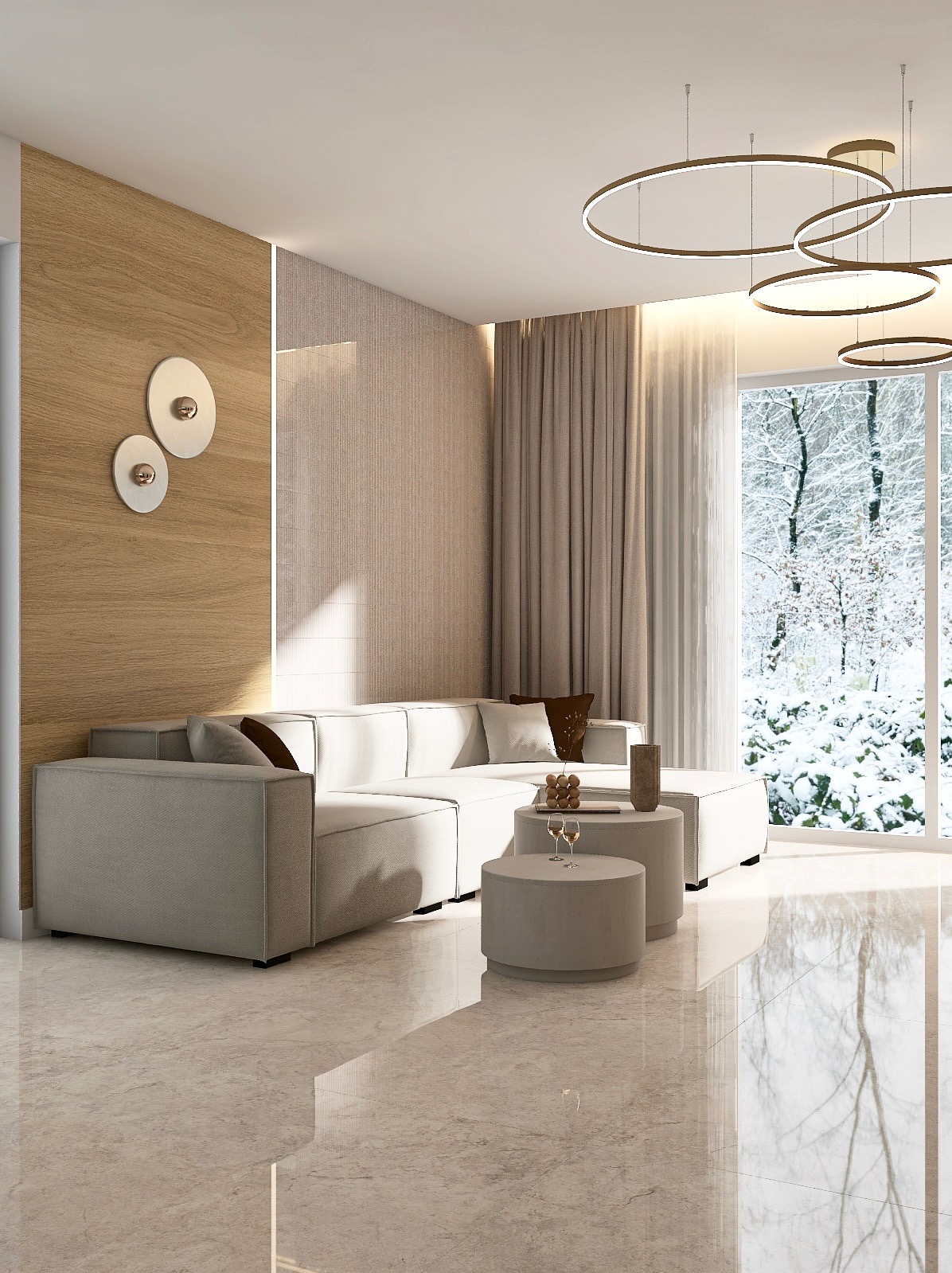 Jasny salon z modułową sofą, okrągłymi stolikami i dekoracyjnym oświetleniem. Za oknem zimowy krajobraz. Parkiet z połyskiem odbija światło.