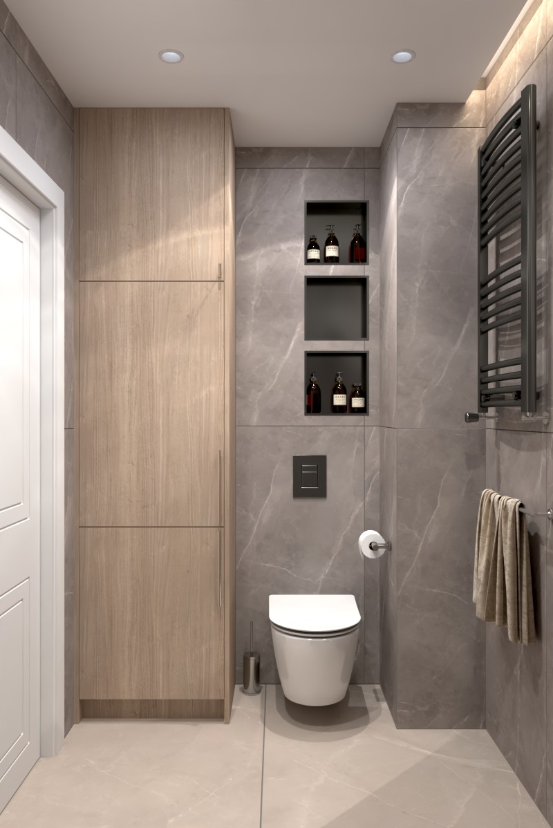 Nowoczesna łazienka z marmurowymi płytkami, podwieszaną toaletą i drewnianą szafką. Minimalistyczne półki z dekoracyjnymi butelkami i grzejnik drabinkowy.