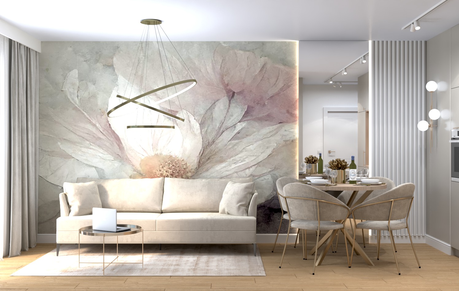Jasny salon z sofą, stolikiem z laptopem i jadalnią. Na ścianie fototapeta z motywem kwiatowym. Nowoczesne oświetlenie i neutralna kolorystyka.