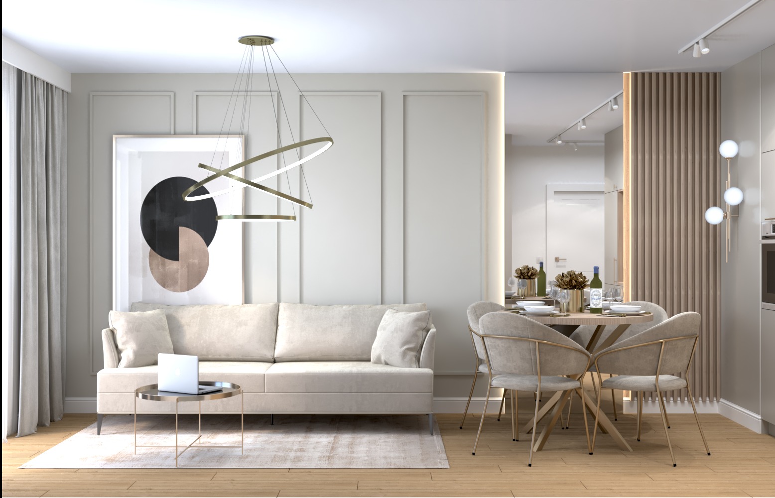 Jasne wnętrze: beżowa sofa z laptopem, okrągły stół jadalny z krzesłami, abstrakcyjny obraz na ścianie, nowoczesna lampa wisząca. Minimalistyczny design.