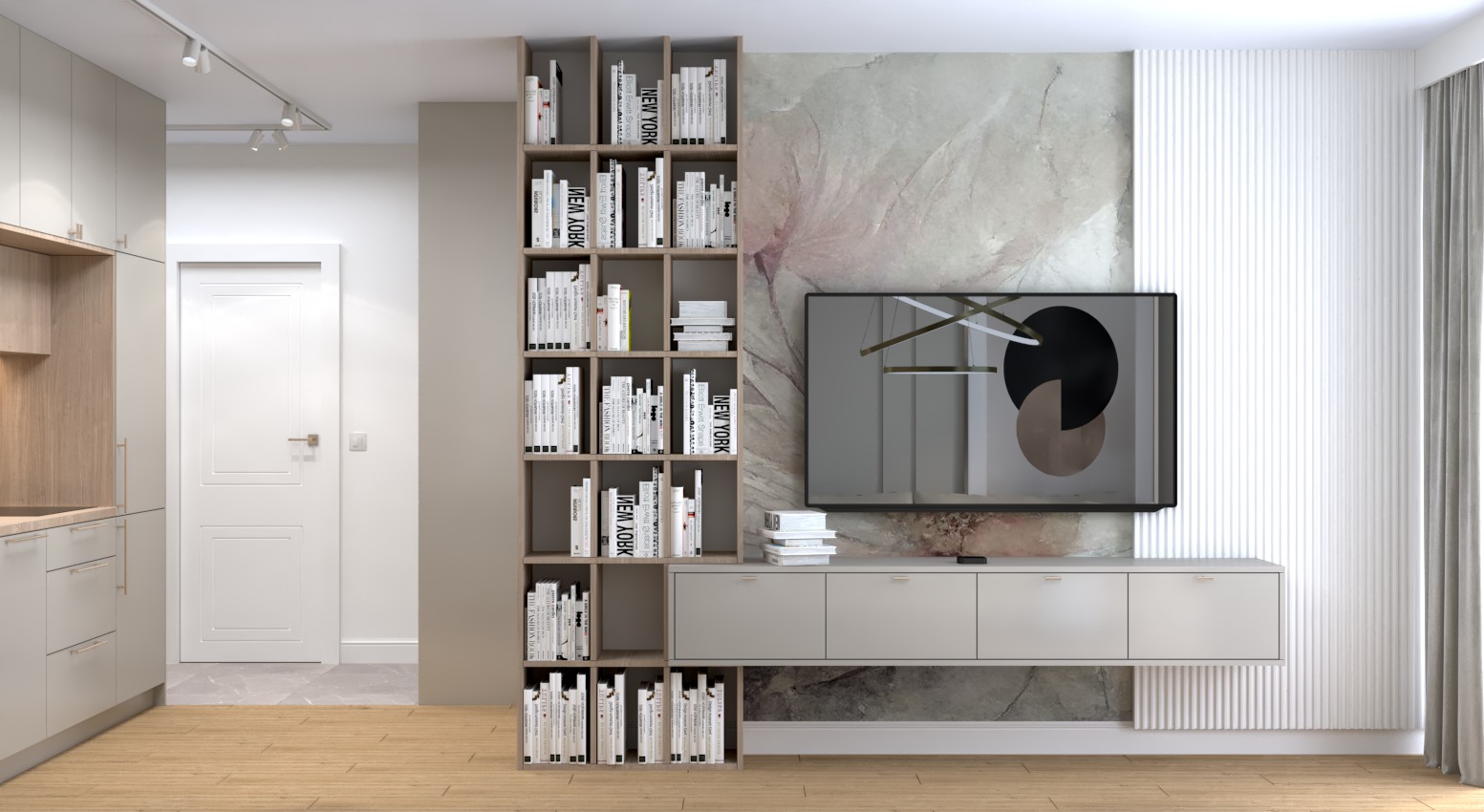 Nowoczesny salon z drewnianą podłogą, regałem na książki, szafką RTV i telewizorem na tle ściany z marmurowym wzorem i białymi lamelami.