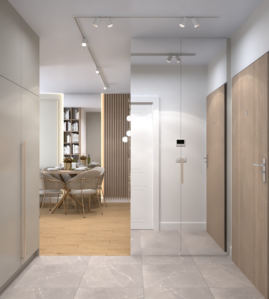 Nowoczesny przedpokój z lustrem, w którym odbija się jadalnia z okrągłym stołem i krzesłami. Minimalistyczne oświetlenie punktowe i drewniane drzwi.