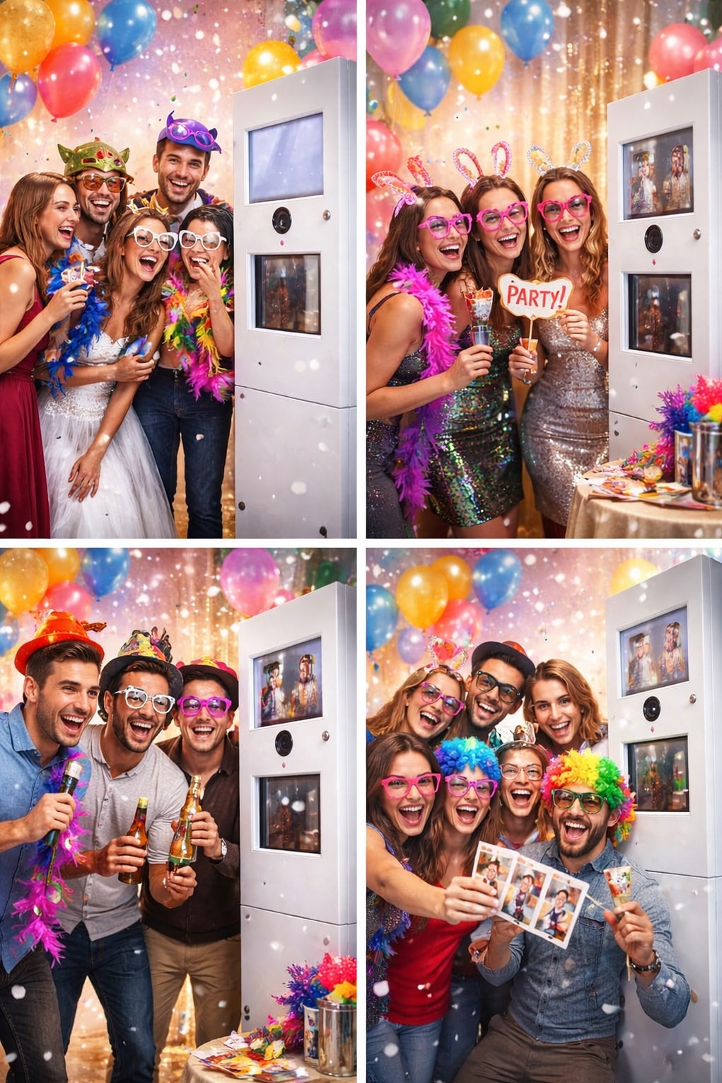 Radosna grupa osób w przebraniach pozuje przy białej kabinie z ekranem i aparatem, otoczona balonami i konfetti, tworząc pamiątkowe zdjęcia na imprezie.