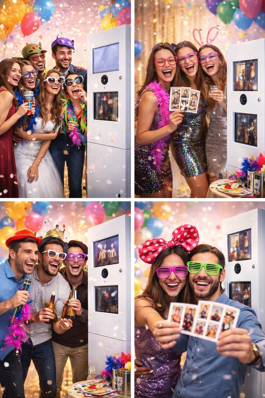 Radosne grupy osób pozują z rekwizytami przy białej fotobudce na tle kolorowych balonów i konfetti, trzymając wydrukowane paski zdjęć.