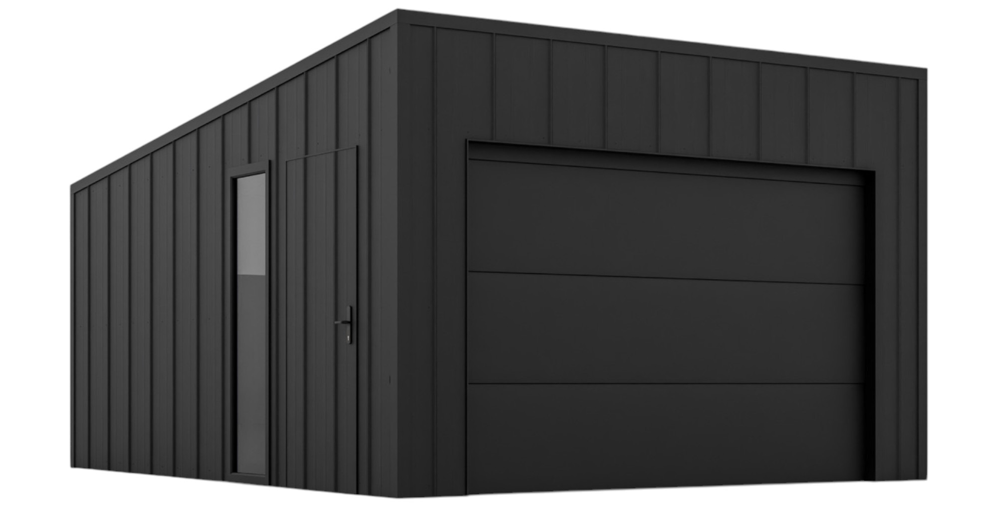 Nowoczesny, czarny garaż blaszany z pionowymi panelami, bocznymi drzwiami z oknem i segmentową bramą garażową. Minimalistyczny design na białym tle.