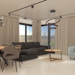 Jasne wnętrze z marmurową podłogą. Stół z krzesłami, sofa, fotel i okna z widokiem na zewnątrz. Nowoczesne lampy sufitowe. Minimalistyczny design.