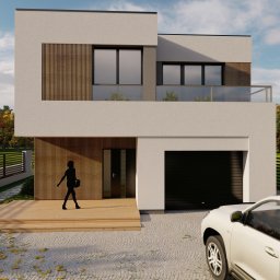 Wizualizacja nowoczesnego, dwukondygnacyjnego domu z płaskim dachem, drewnianą elewacją i garażem. Na pierwszym planie sylwetka kobiety i fragment samochodu.
