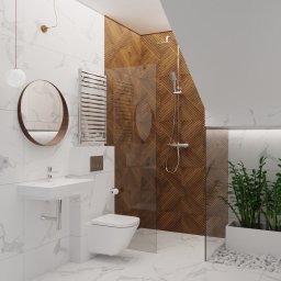 Flow Studio Projektowe Ewa Zarazińska - Nowoczesna łazienka z marmurowymi płytkami, drewnianą ścianą prysznicową i okrągłym lustrem. Minimalistyczna umywalka i toaleta podwieszana.