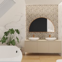 Flow Studio Projektowe Ewa Zarazińska - Jasna łazienka na poddaszu z mozaiką, owalnym lustrem, umywalkami nablatowymi i wanną. Uwagę przykuwa roślina doniczkowa i armatura w kolorze miedzi.