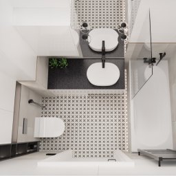 Flow Studio Projektowe Ewa Zarazińska - Minimalistyczna łazienka z kabiną prysznicową, umywalkami i toaletą, widziana z góry. Czarno-biała kolorystyka, wzorzysta podłoga, roślina doniczkowa. Nowoczesny design.