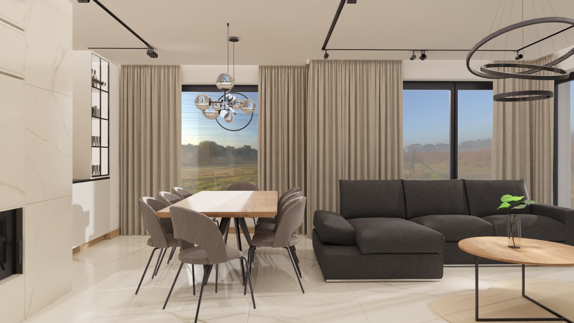 Jasne wnętrze z jadalnią i salonem. Stół z krzesłami, szara sofa, okna z widokiem na zewnątrz. Nowoczesne lampy sufitowe i marmurowe wykończenie ścian.