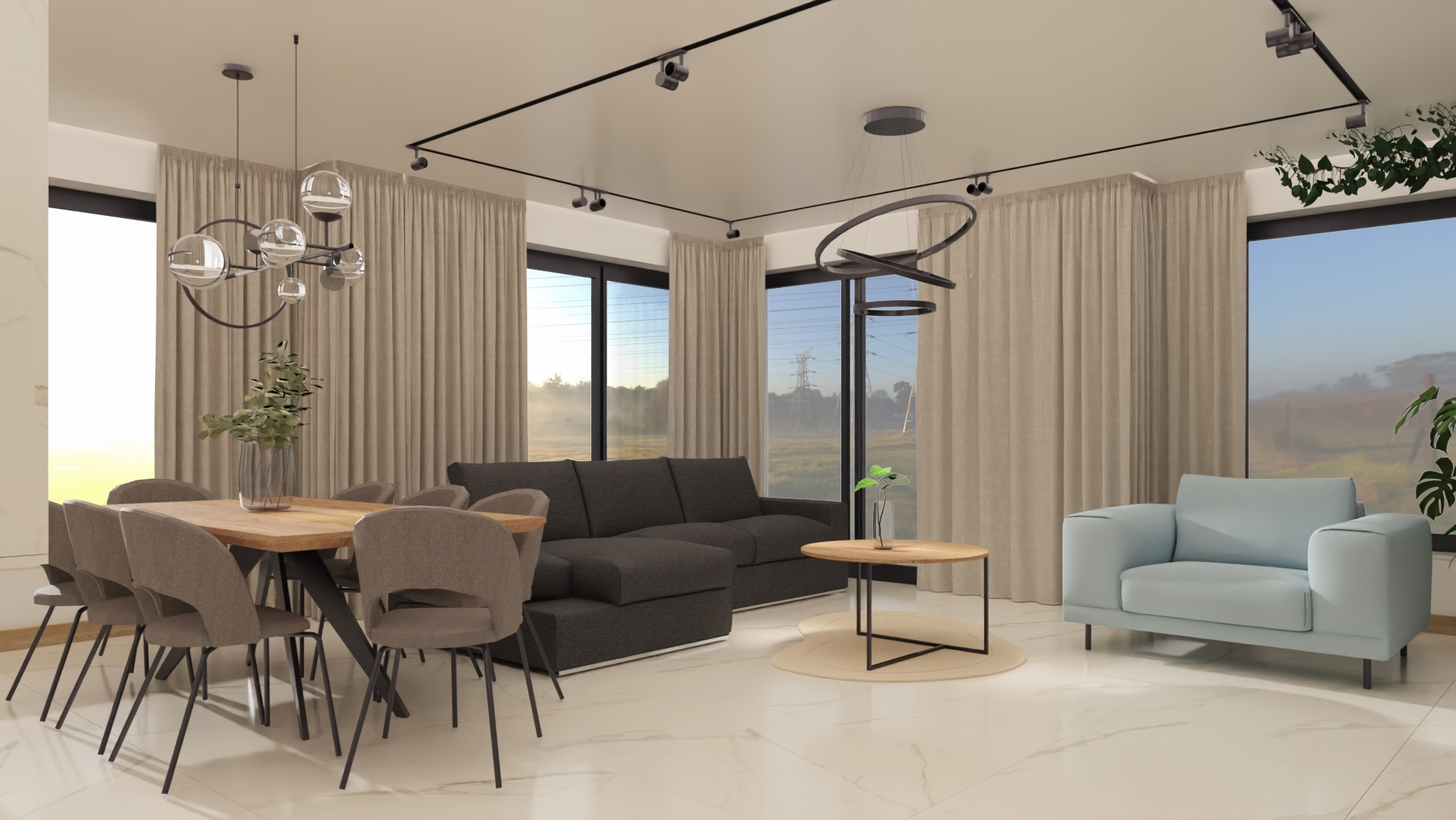 Jasne wnętrze z marmurową podłogą. Stół z krzesłami, sofa, fotel i okna z widokiem na zewnątrz. Nowoczesne lampy sufitowe. Minimalistyczny design.