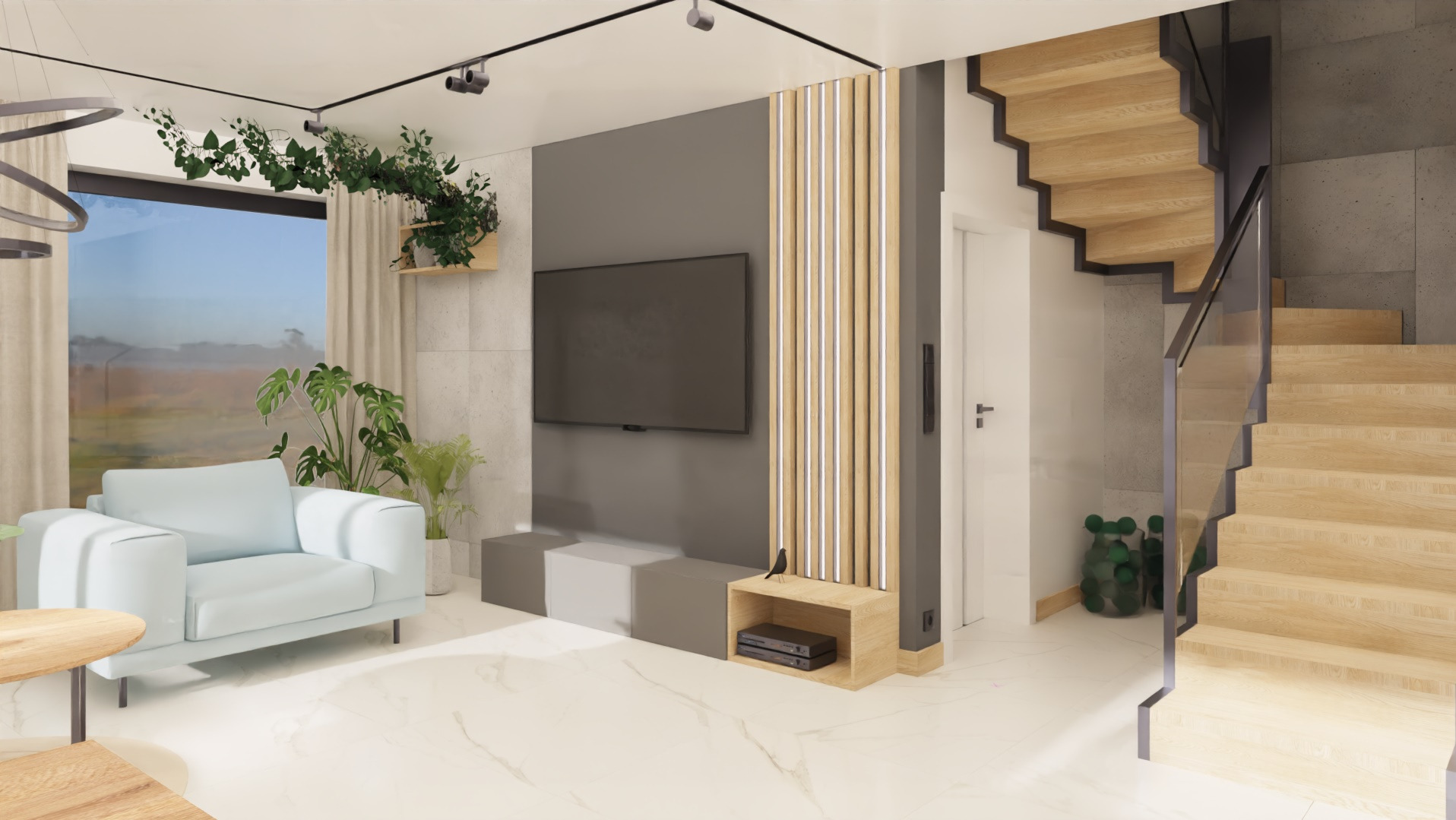Jasne wnętrze z drewnianymi schodami, szarą ścianą TV i błękitnym fotelem. Rośliny doniczkowe dodają świeżości. Minimalistyczny design z marmurową podłogą.