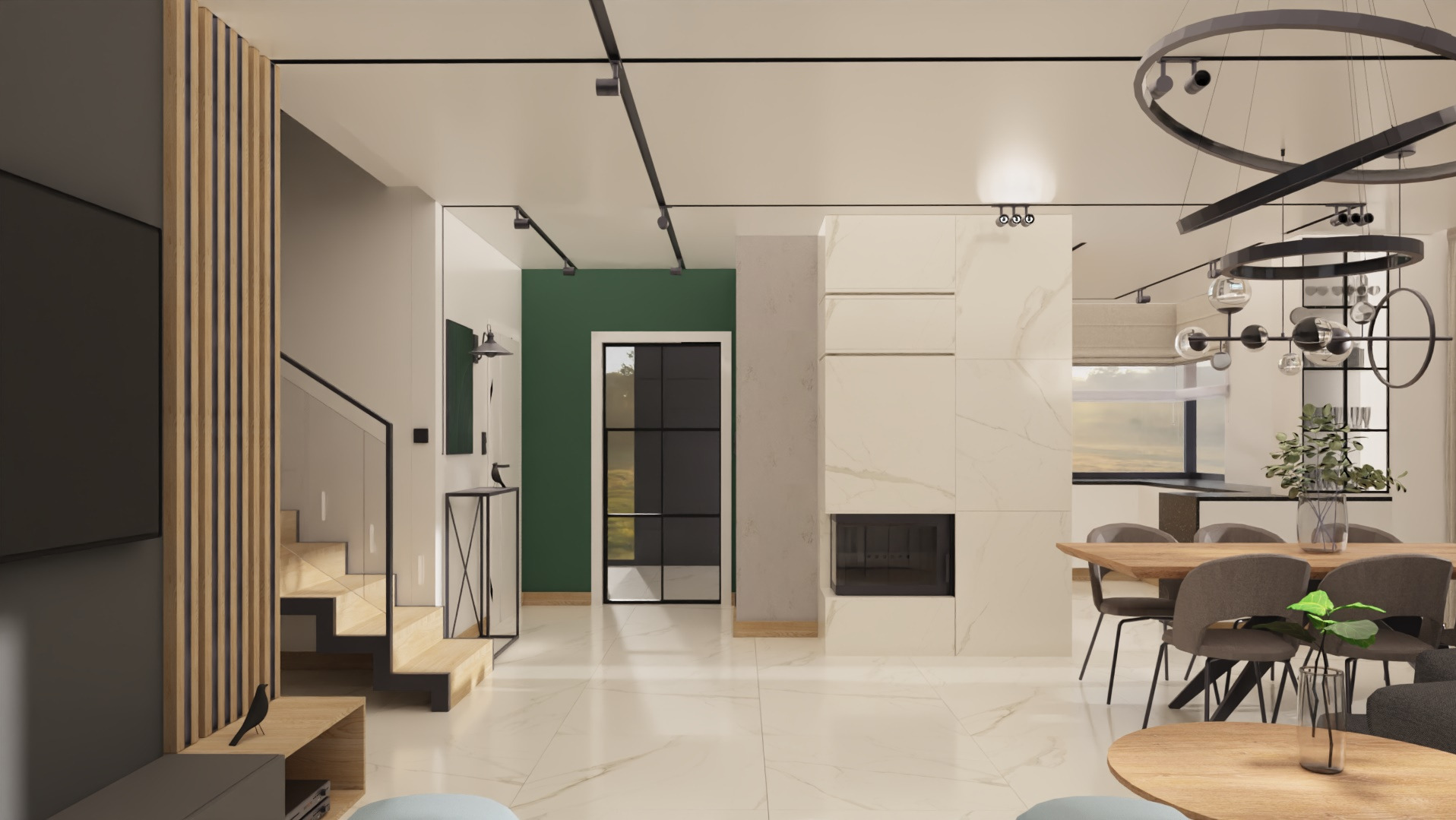 Wnętrze domu z marmurową podłogą, drewnianymi lamelami na ścianie i schodami. Widoczny kominek, stół z krzesłami i nowoczesne oświetlenie sufitowe.