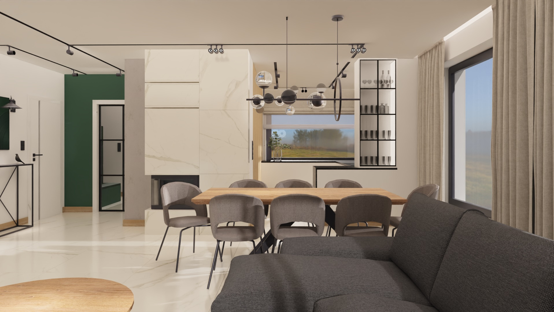 Wnętrze jadalni z marmurową ścianą, drewnianym stołem i szarymi krzesłami. Nad stołem nowoczesna lampa. W tle okno z widokiem na zieleń i szara sofa w rogu.