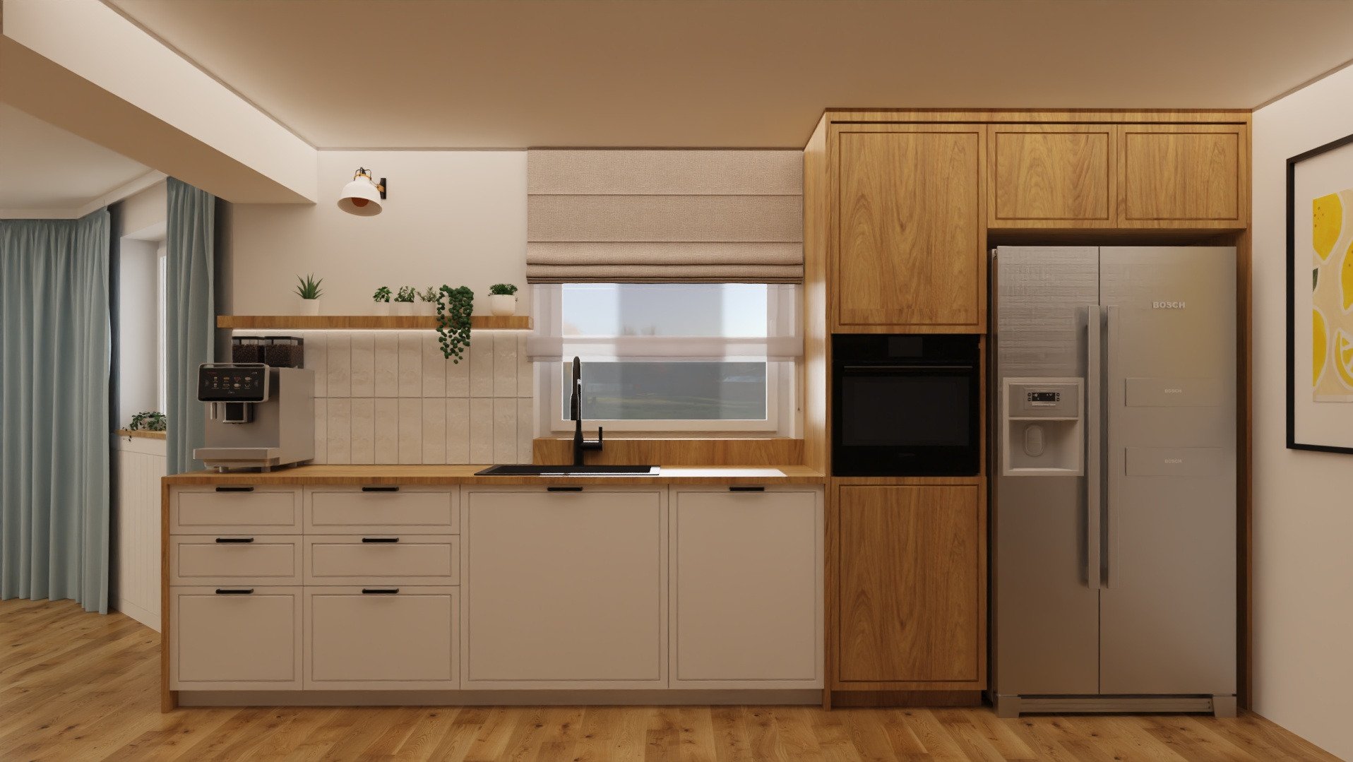 Nowoczesna kuchnia z drewnianymi i białymi szafkami, srebrną lodówką Bosch i drewnianą podłogą. Nad blatem półka z roślinami i ekspres do kawy.