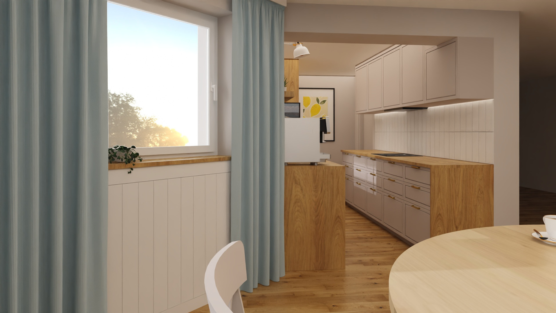 Jasna kuchnia z drewnianym blatem i pastelowymi szafkami, widok z jadalni z błękitną zasłoną i rośliną w oknie. Minimalistyczny design z akcentami naturalnego drewna.