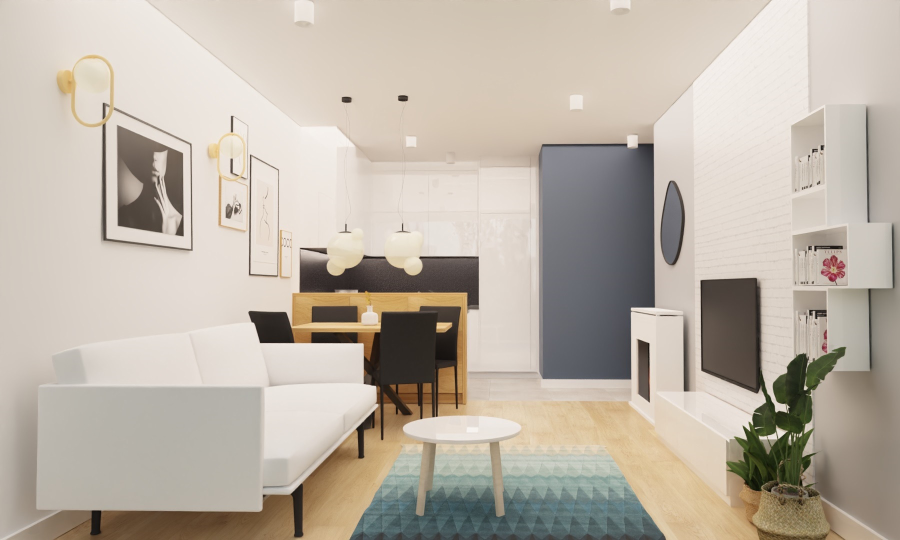 Wnętrze mieszkania w stylu minimalistycznym: biała sofa, drewniany stół z krzesłami, dekoracje ścienne i dywan w odcieniach błękitu. Nowoczesne oświetlenie.