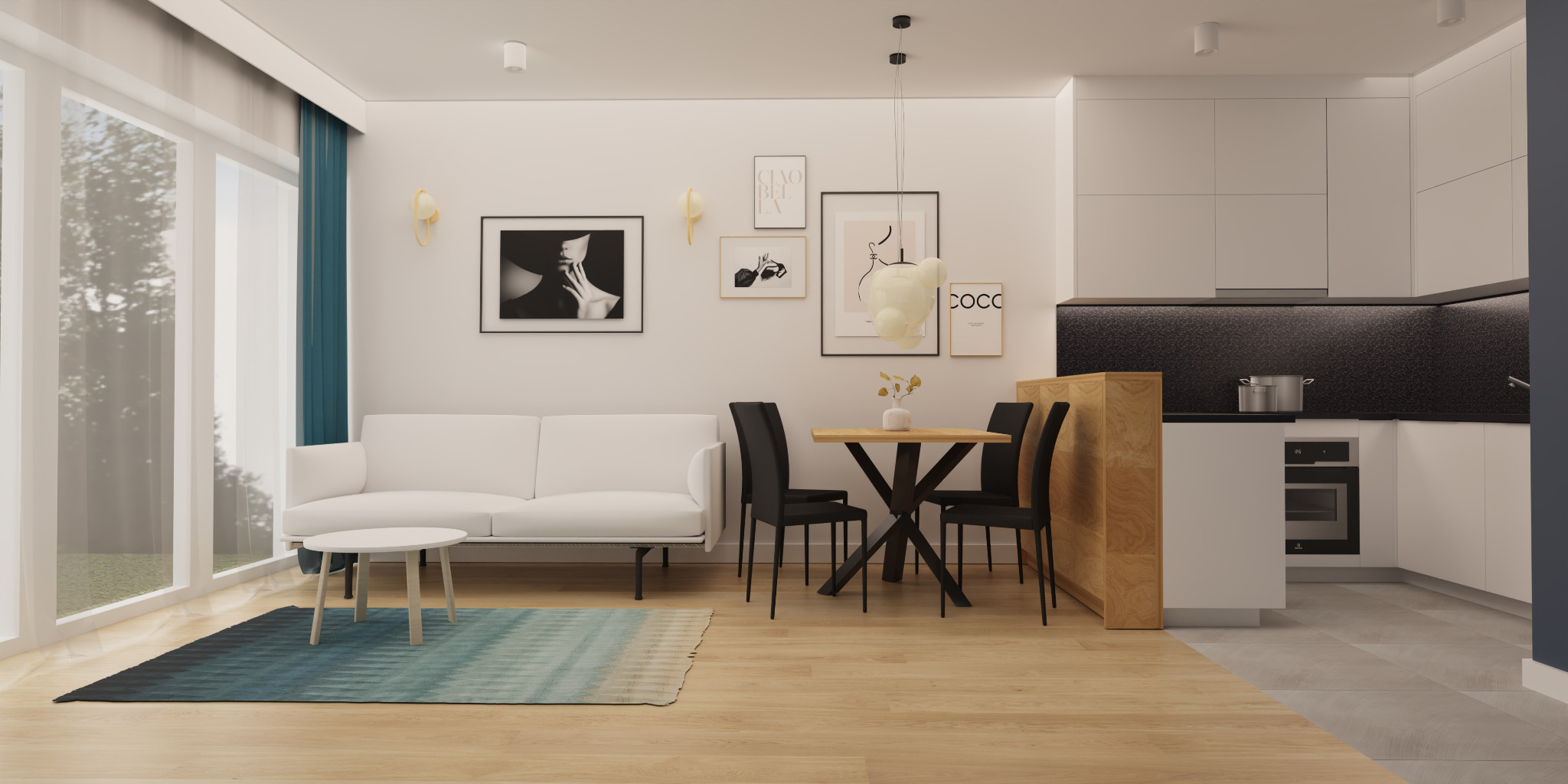 Jasne wnętrze: biała sofa, stół z czarnymi krzesłami, grafiki na ścianie, kuchnia w tle. Minimalistyczny design z akcentami kolorystycznymi.