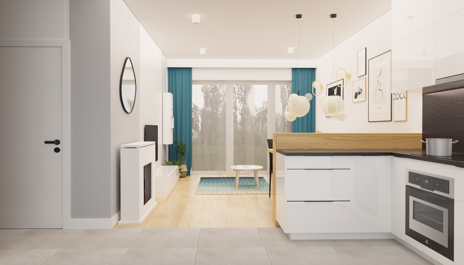 Jasne wnętrze z aneksem kuchennym: białe meble, drewniane akcenty, okrągłe lustro i turkusowe zasłony. Minimalistyczny design z dekoracyjnymi lampami i grafikami na ścianie.