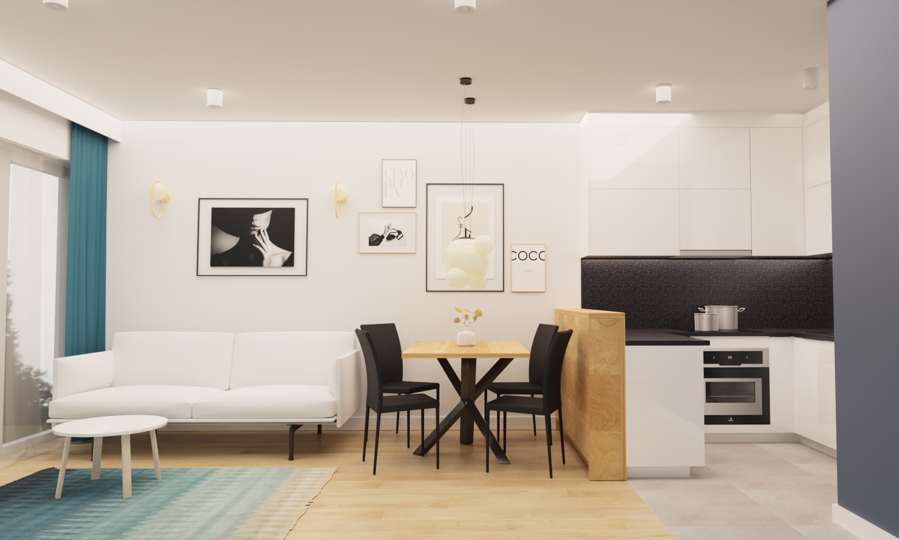 Jasne wnętrze mieszkania z aneksem kuchennym, drewnianym stołem i czarnymi krzesłami. Na ścianie grafiki w czarnych ramkach. Minimalistyczny design.