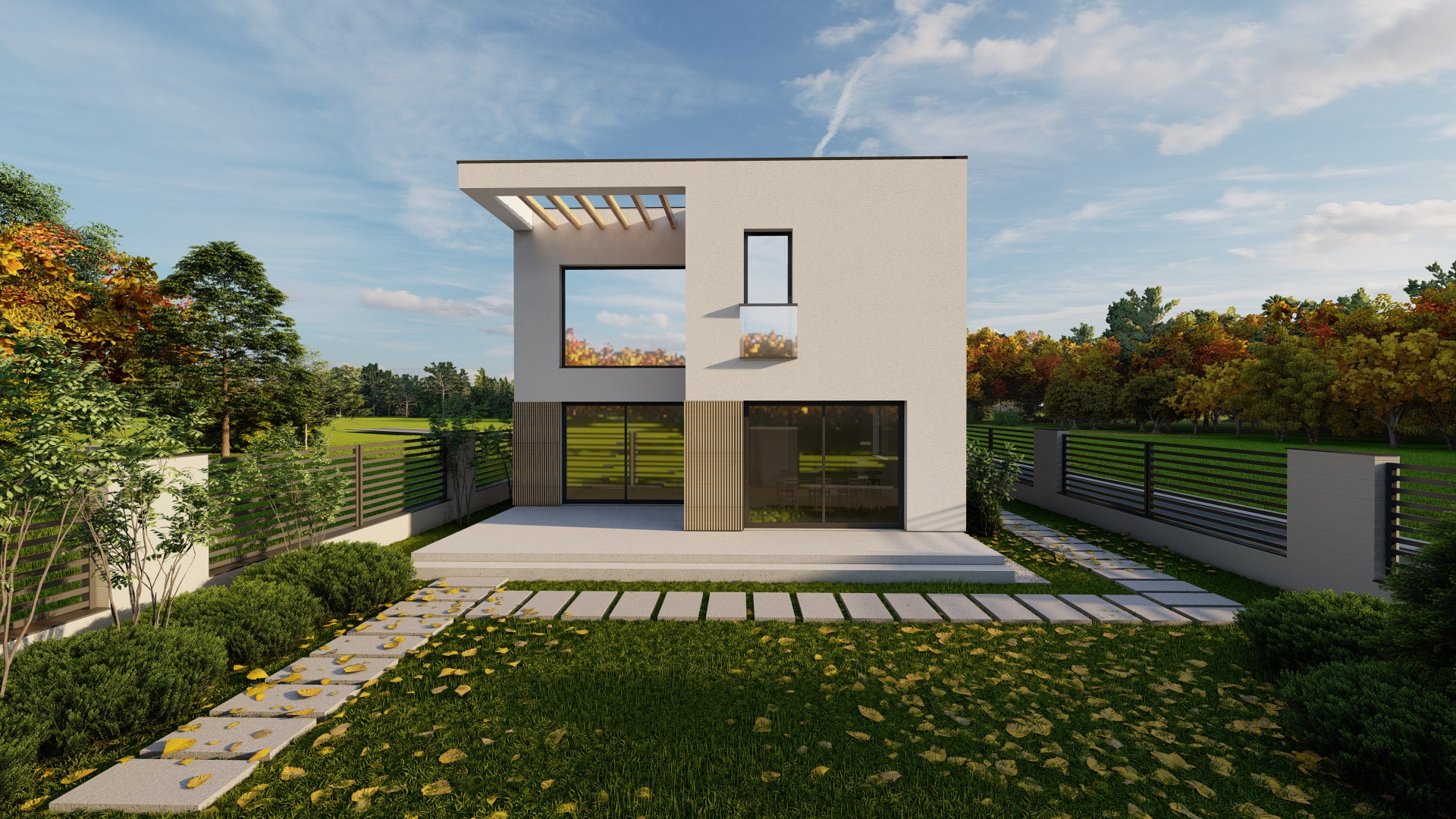 Dwukondygnacyjny dom z płaskim dachem i dużymi oknami, otoczony zielenią i nowoczesnym ogrodzeniem. Widoczne płyty chodnikowe prowadzące do wejścia.