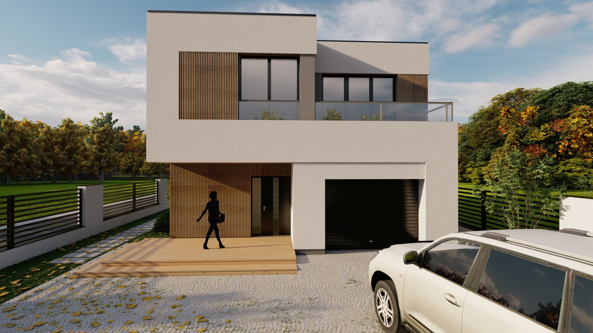 Wizualizacja nowoczesnego, dwukondygnacyjnego domu z płaskim dachem, drewnianą elewacją i garażem. Na pierwszym planie sylwetka kobiety i fragment samochodu.