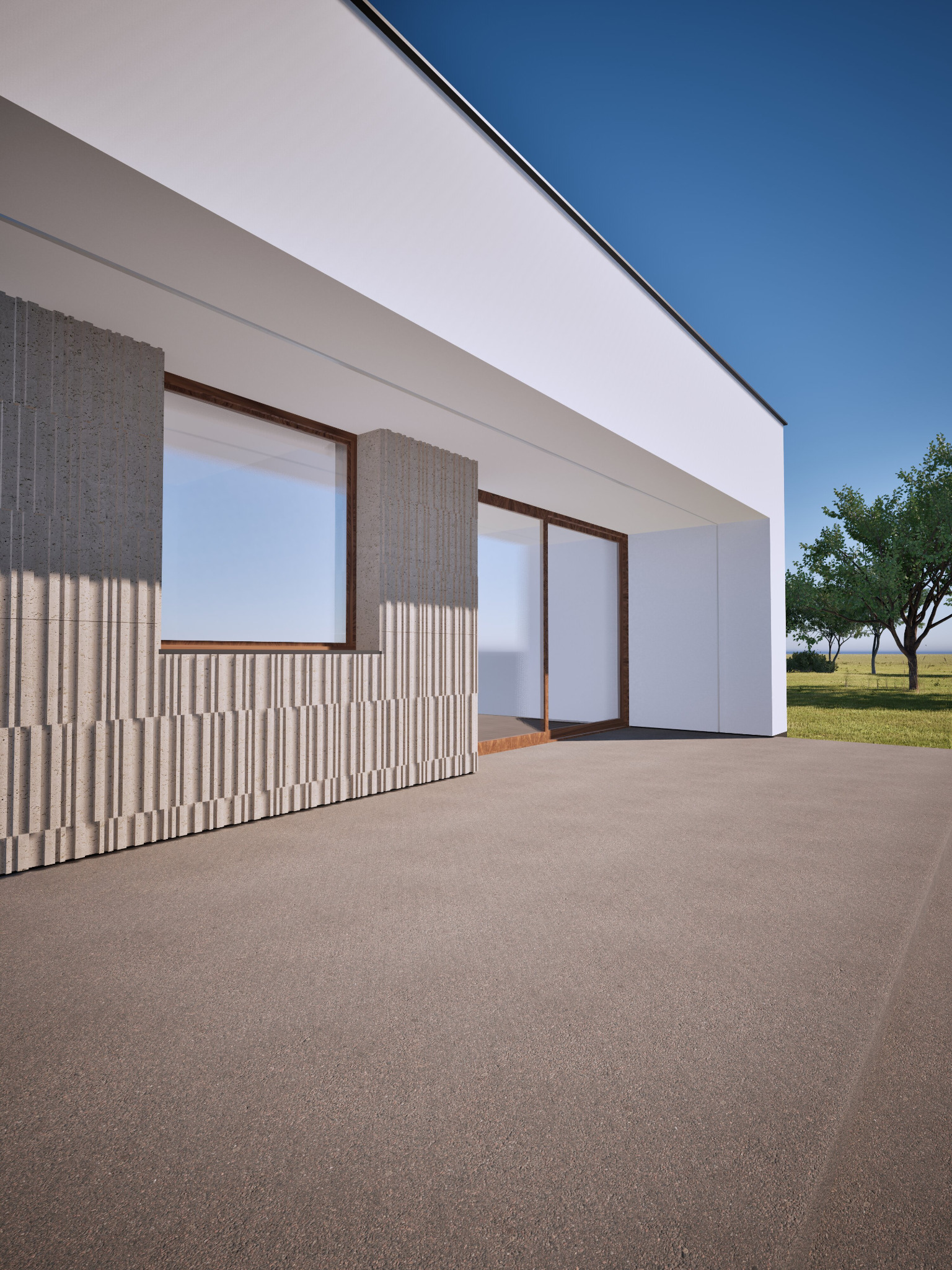 Nowoczesny budynek z elewacją z betonu architektonicznego, duże okna z drewnianą ramą, minimalistyczny design, błękitne niebo w tle, widok na zewnątrz.