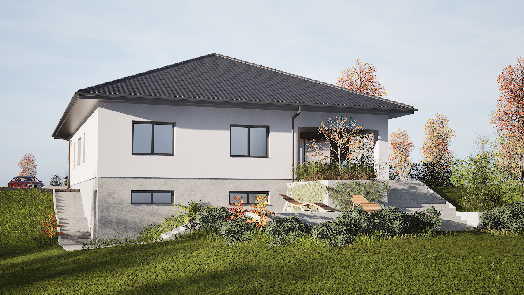 Wizualizacja dwukondygnacyjnego domu z szarym dachem, tarasem i zielonym ogrodem. Nowoczesna architektura z elementami naturalnego krajobrazu.