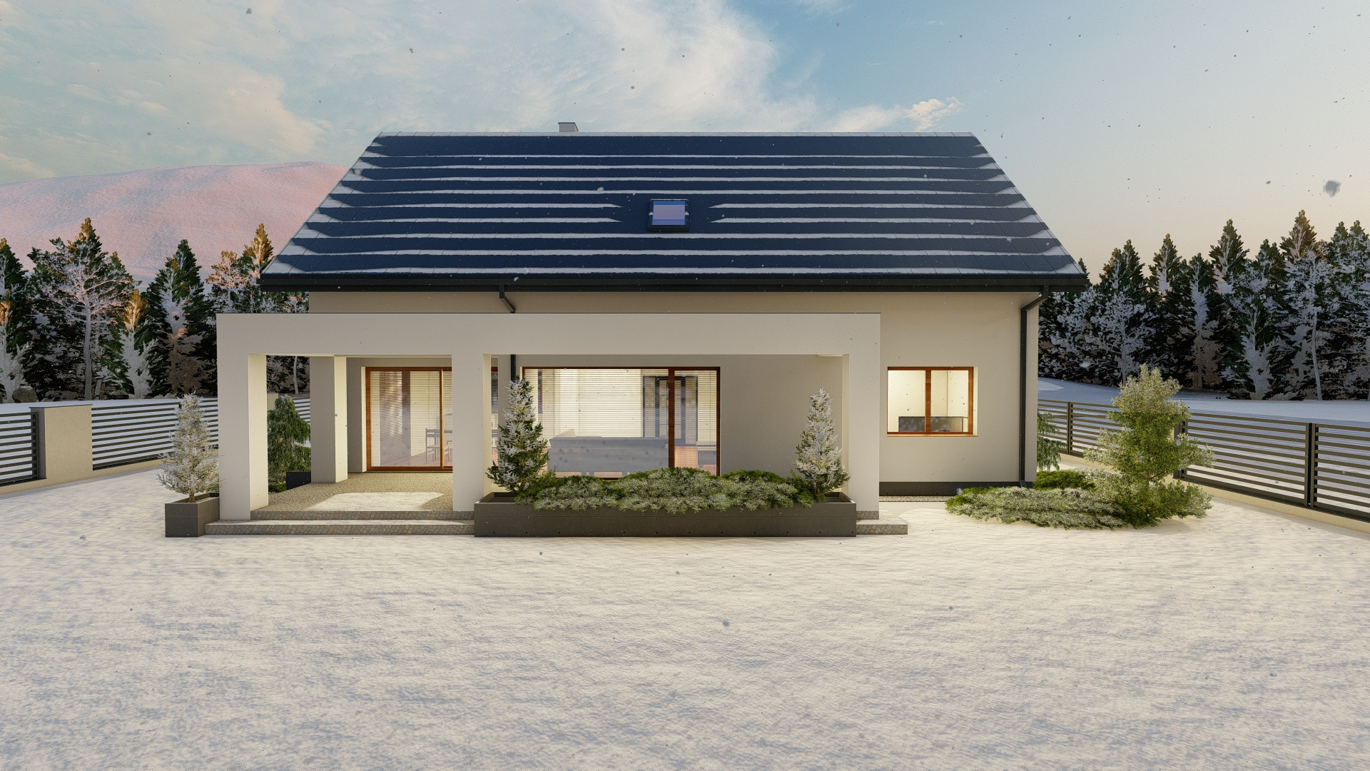 Zimowy render domu jednorodzinnego z płaskim dachem i zadaszonym tarasem. Widoczne oświetlone wnętrze przez okna i zasypane śniegiem otoczenie.