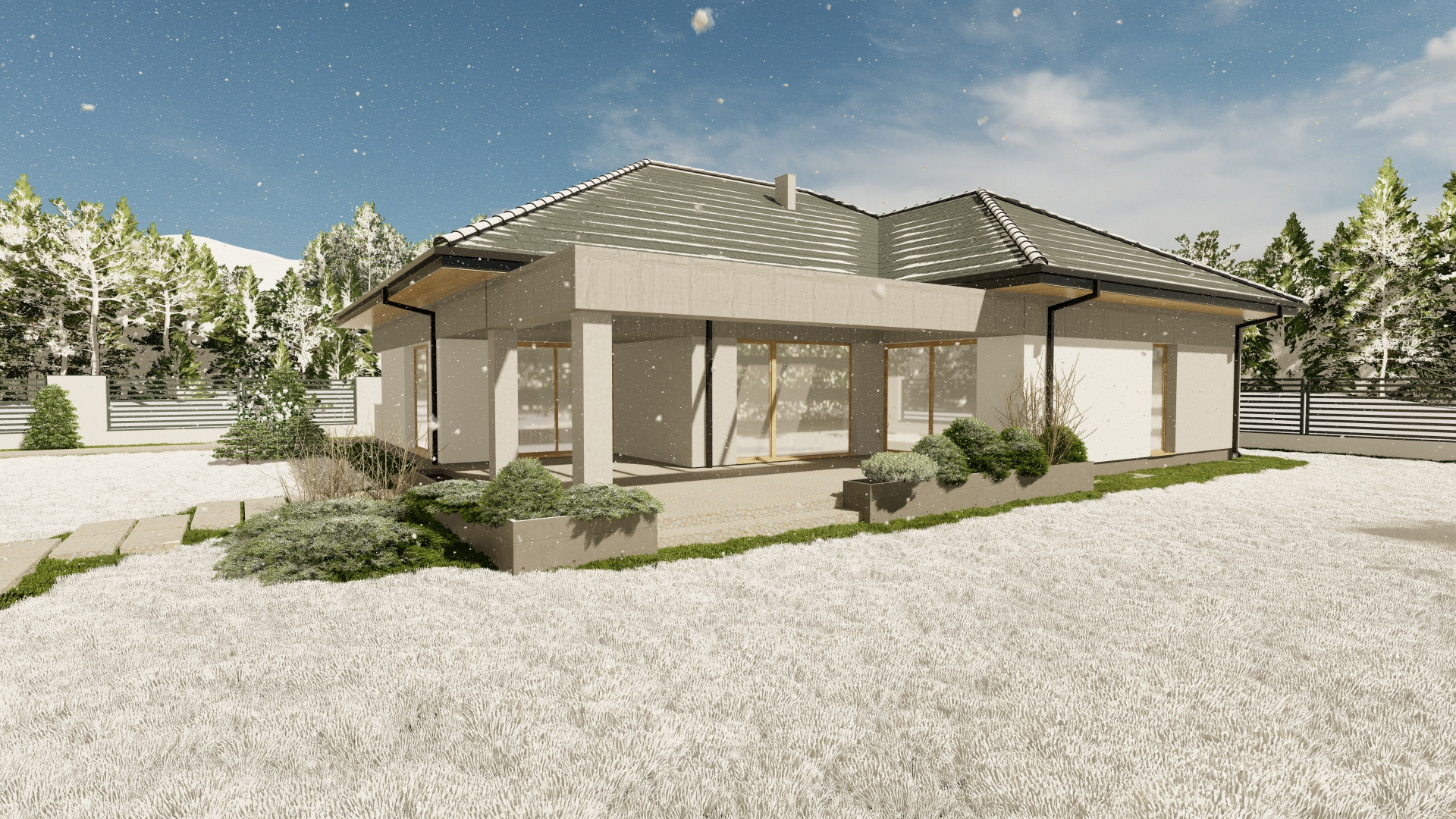 Wizualizacja domu jednorodzinnego z płaskim dachem i dużymi przeszkleniami, otoczonego zimowym krajobrazem z padającym śniegiem. Nowoczesna architektura w spokojnej scenerii.