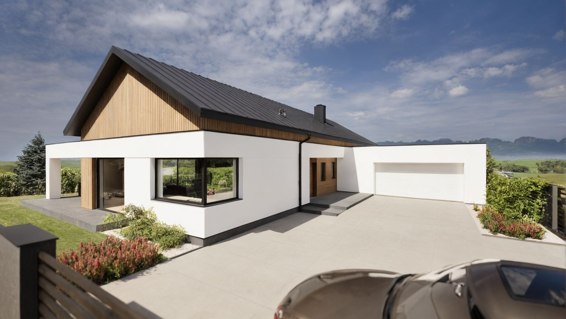 Nowoczesny dom jednorodzinny z płaskim dachem i drewnianą elewacją, widok z zewnątrz, z przodu zaparkowany samochód. W tle zielony krajobraz i błękitne niebo.