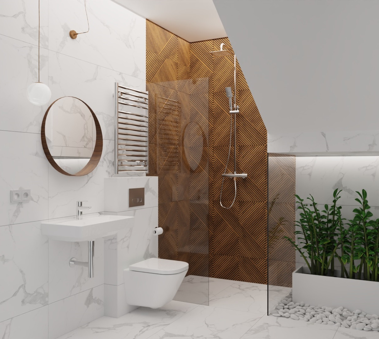 Nowoczesna łazienka z marmurowymi płytkami, drewnianą ścianą prysznicową i okrągłym lustrem. Minimalistyczna umywalka i toaleta podwieszana.