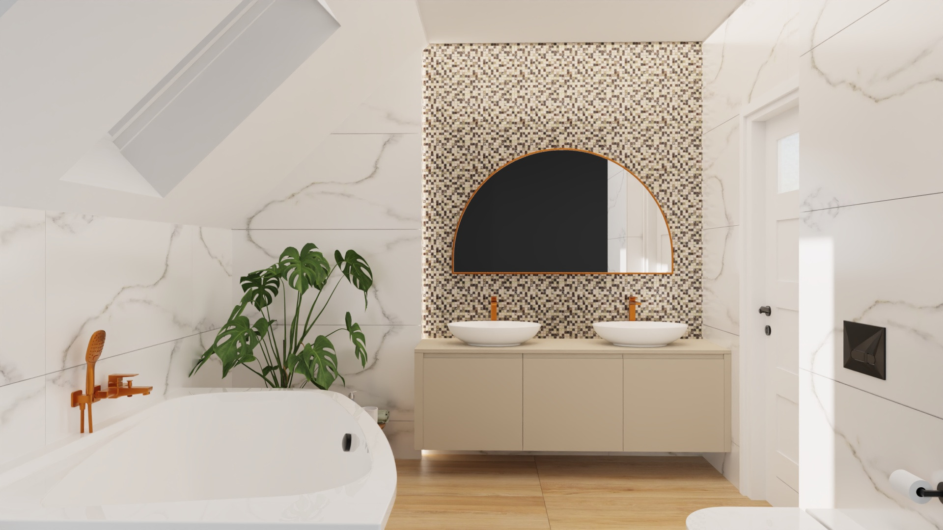 Jasna łazienka na poddaszu z mozaiką, owalnym lustrem, umywalkami nablatowymi i wanną. Uwagę przykuwa roślina doniczkowa i armatura w kolorze miedzi.