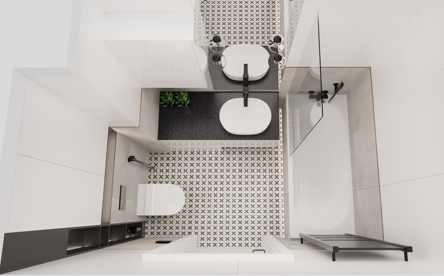 Minimalistyczna łazienka z kabiną prysznicową, umywalkami i toaletą, widziana z góry. Czarno-biała kolorystyka, wzorzysta podłoga, roślina doniczkowa. Nowoczesny design.
