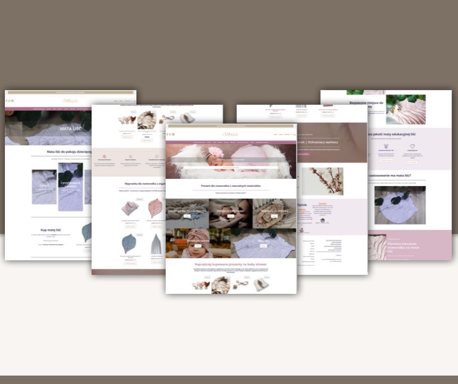 Prezentacja responsywnego projektu strony internetowej z motywem dziecięcym, ukazująca detale interfejsu i układu na kilku urządzeniach. Pastelowa kolorystyka.