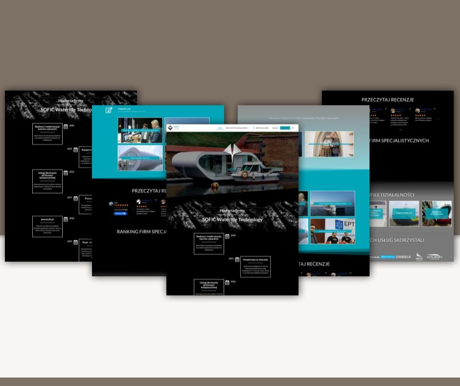 Prezentacja portfolio: ekrany z projektami stron WWW o tematyce wodnej, z historią firmy, rankingiem i recenzjami. Turkusowo-czarna kolorystyka, nowoczesny design.