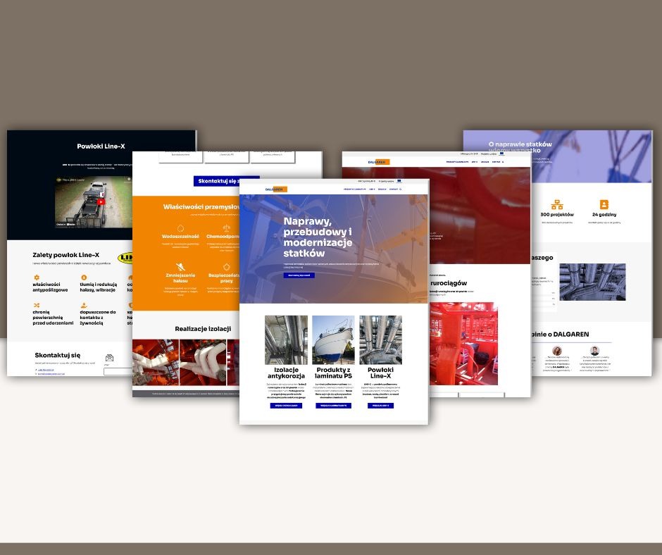 Kolaż stron internetowych prezentujących usługi firmy: naprawy statków, izolacje antykorozyjne, powłoki Line-X. Układ kaskadowy, stonowana kolorystyka.