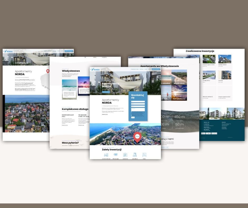 Prezentacja responsywnych stron WWW apartamentów NORDA z Władysławowa, ukazująca lokalizację, zalety inwestycji i formularz kontaktowy. Układ kaskadowy.